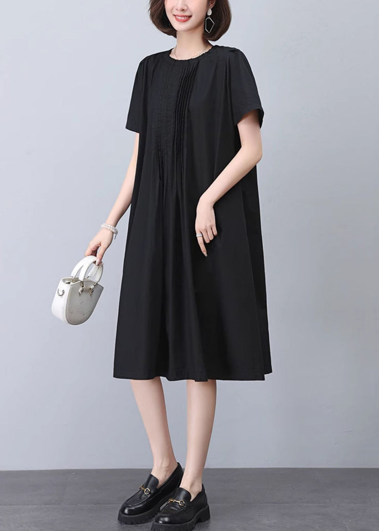 Black Wrinkled Cotton Dresses O Neck Short Sleeve