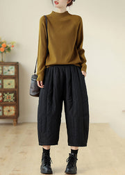 Black Wrinkled Pockets Fine Cotton Filled Crop Wide Leg Pants Winter