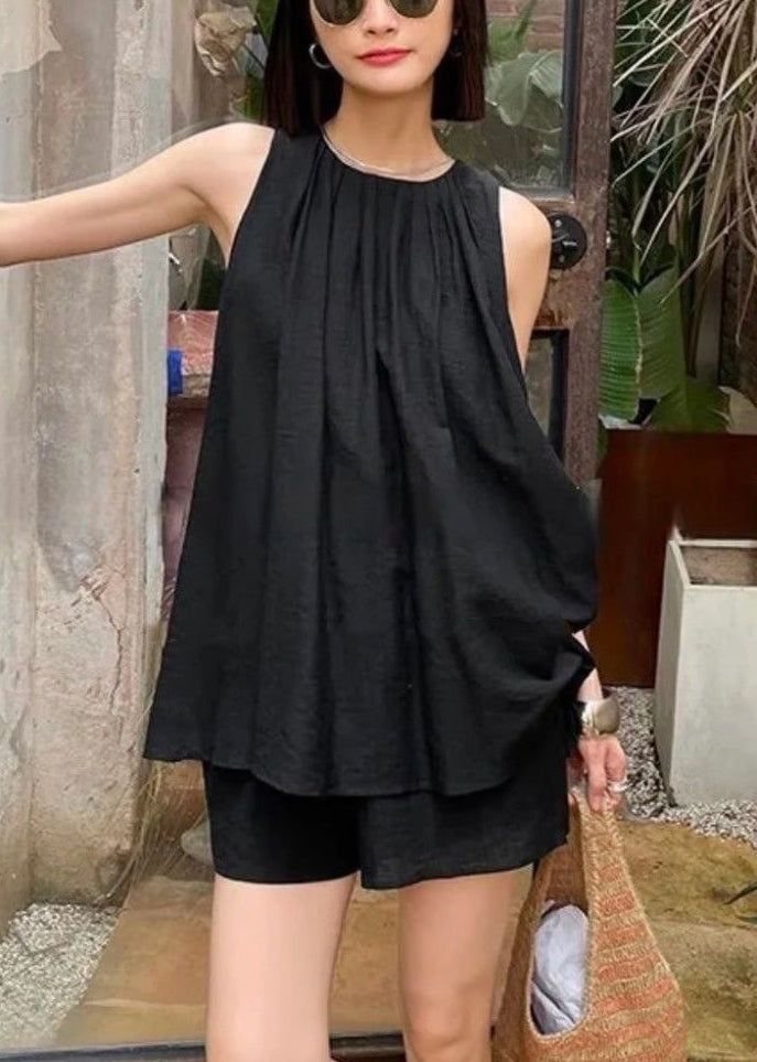 Black Wrinkled Top And Shorts Two Pieces Set Sleeveless