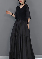 Black Wrinkled Vacation Long Dresses Half Sleeve