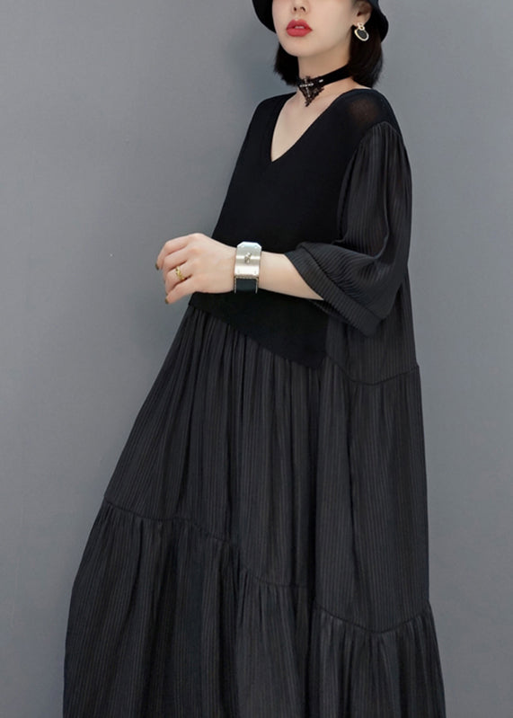 Black Wrinkled Vacation Long Dresses Half Sleeve