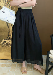 Black Zippered Pockets Cotton Summer Wide Leg Pants