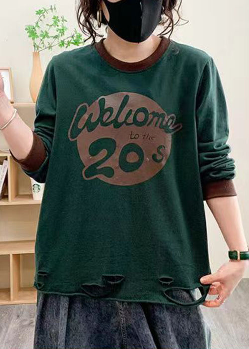 Blackish Green Hole Cotton Top O Neck Long Sleeve