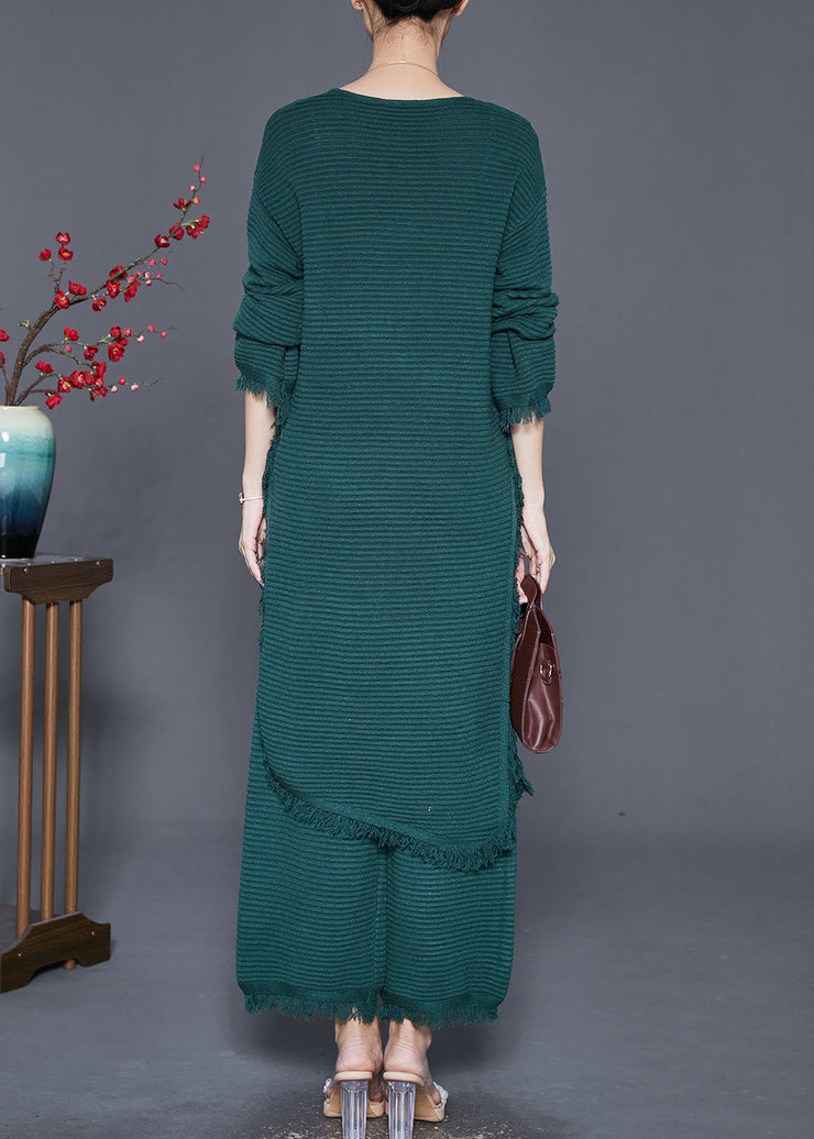 Blackish Green Knit Two Piece Set Women Clothing Tasseled Side Open Fall