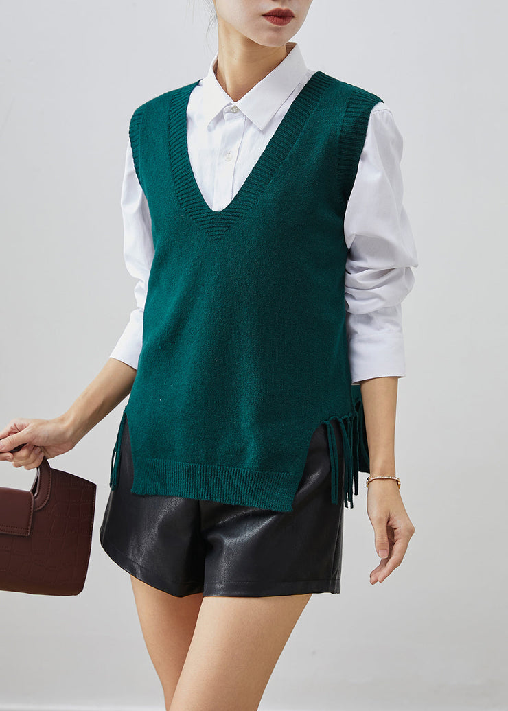 Blackish Green Knit Vest Tops Tasseled Fall