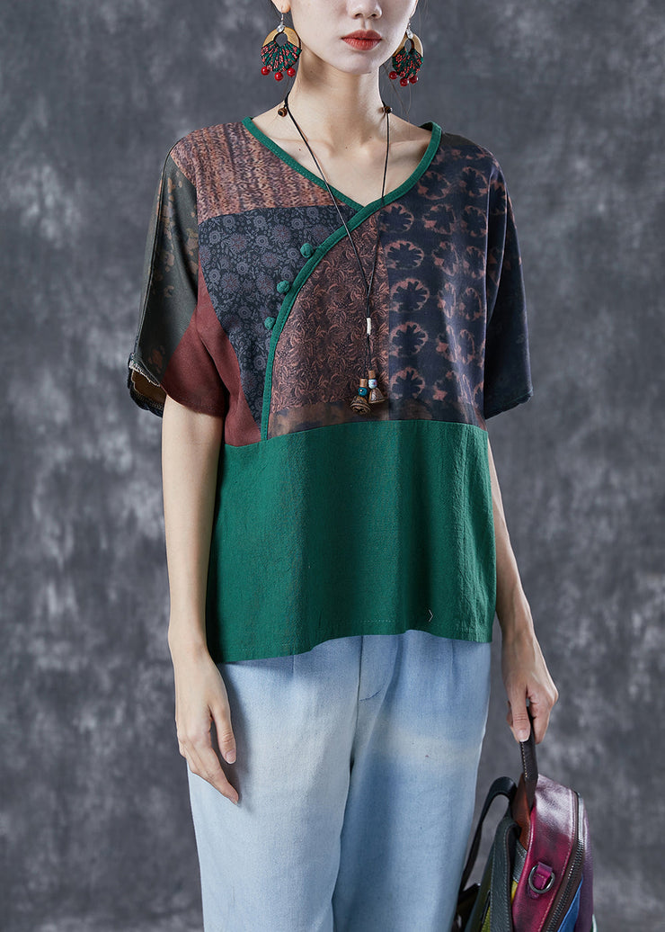 Blackish Green Patchwork Linen Blouses Oversized Print Summer