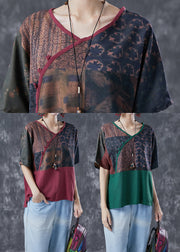 Blackish Green Patchwork Linen Blouses Oversized Print Summer