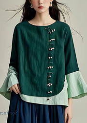 Blackish Green Patchwork Linen Top Oversized Flare Sleeve