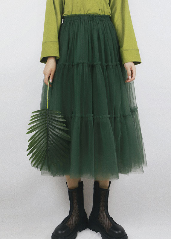 Blackish Green Patchwork Tulle Pleated Skirts High Waist Summer