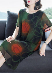 Blackish Green Print Chiffon Long Dress Oversized Summer