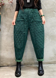 Blackish Green Solid Cotton Filled Crop Pants High Waist