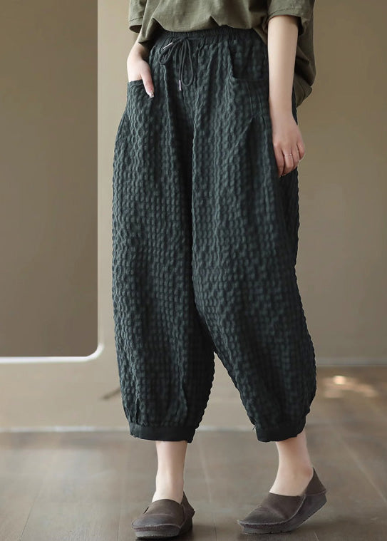 Blackish Green Tie Waist Cozy Crop Pants