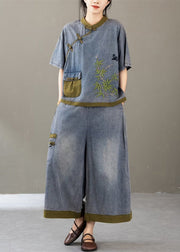 Blue Button Patchwork Denim 2 Piece Outfit Stand Collar Summer