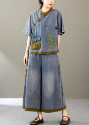 Blue Button Patchwork Denim 2 Piece Outfit Stand Collar Summer