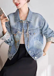 Blue Button Patchwork Denim Coats Peter Pan Collar Spring