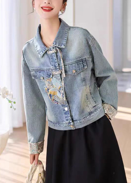 Blue Button Patchwork Denim Coats Peter Pan Collar Spring