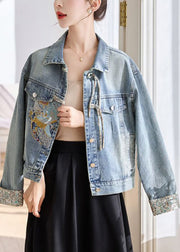 Blue Button Patchwork Denim Coats Peter Pan Collar Spring