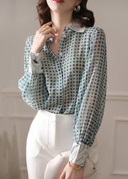 Blue Button Print Chiffon Shirt Peter Pan Collar Long Sleeve