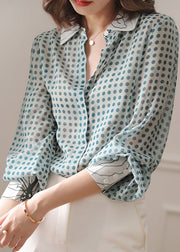 Blue Button Print Chiffon Shirt Peter Pan Collar Long Sleeve