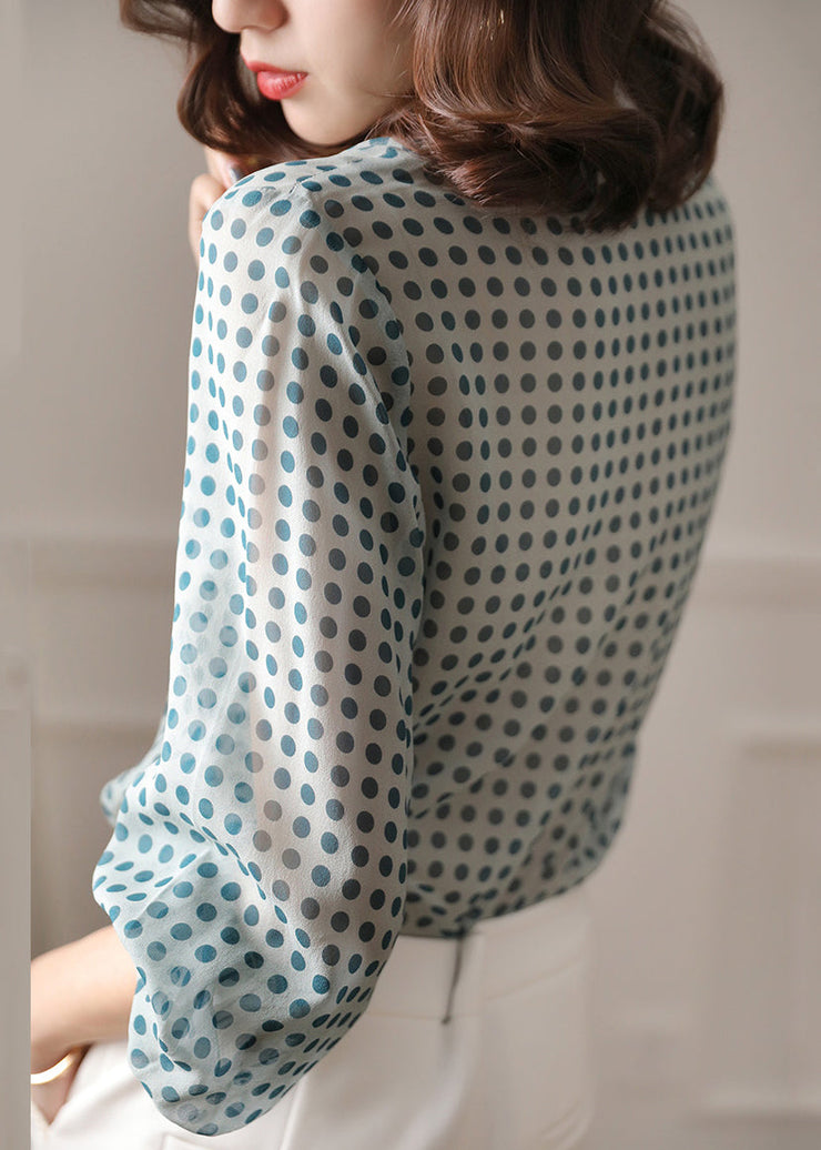 Blue Button Print Chiffon Shirt Peter Pan Collar Long Sleeve