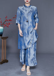 Blue Chinese Style Silk Two Pieces Set Chinese Button Half Sleeve