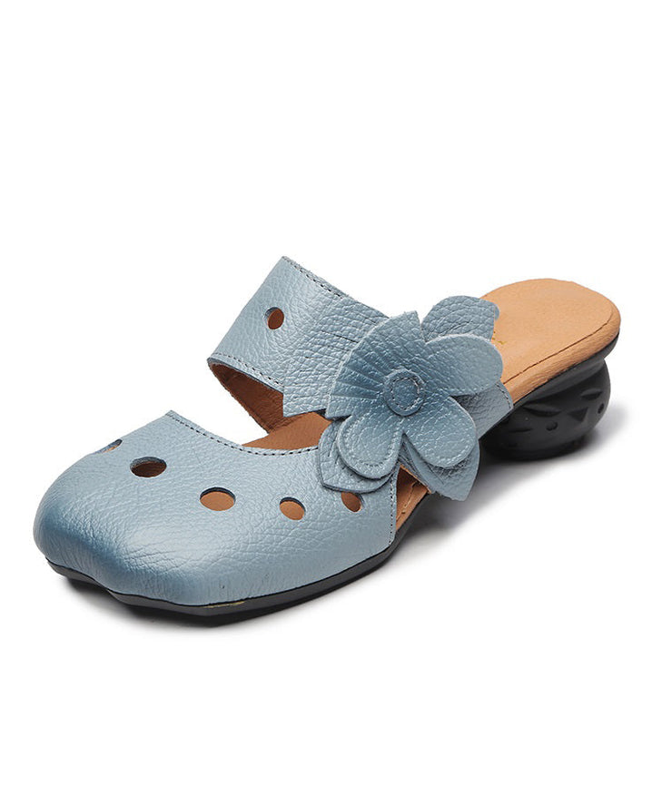 Blue Chunky Cowhide Leather Floral Hollow Out Slide Sandals