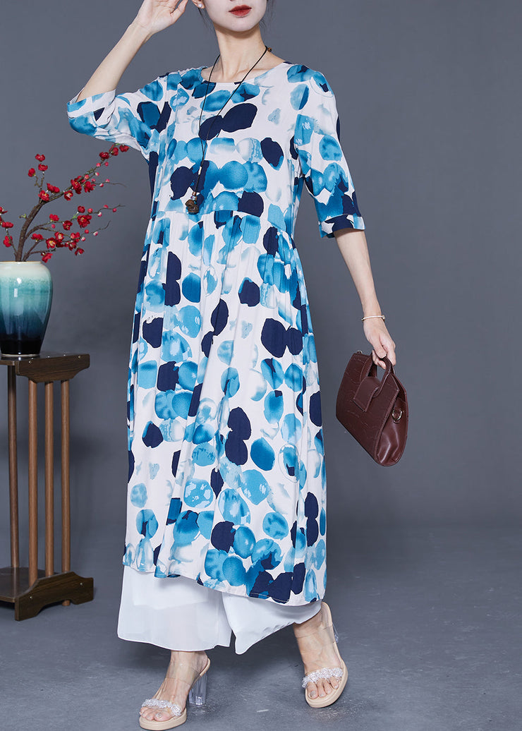 Blue Circle Print Loose Cotton Long Dresses Exra Large Hem Summer