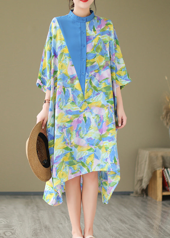 Blue Cotton Shirt Dresses Stand Collar Tie Dye Summer