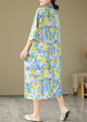 Blue Cotton Shirt Dresses Stand Collar Tie Dye Summer