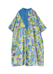 Blue Cotton Shirt Dresses Stand Collar Tie Dye Summer