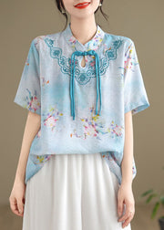 Blue Cotton Shirt Tasseled Stand Collar Embroidered Summer