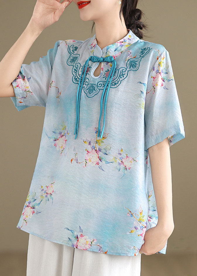 Blue Cotton Shirt Tasseled Stand Collar Embroidered Summer