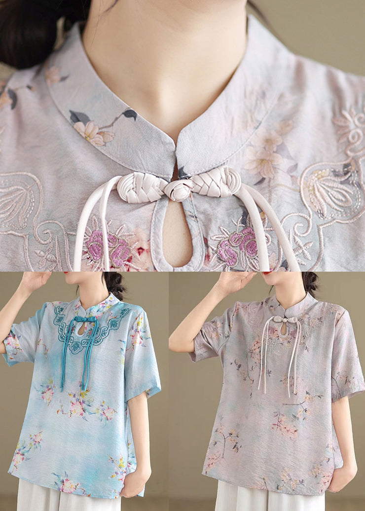 Blue Cotton Shirt Tasseled Stand Collar Embroidered Summer