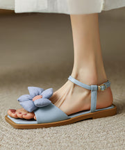 Blue Cowhide Leather Floral Splicing Sandals Peep Toe