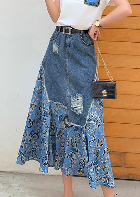 Blue Denim Patchwork High Waist Button Maxi Skir