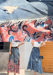 Blue Denim Patchwork High Waist Button Maxi Skir