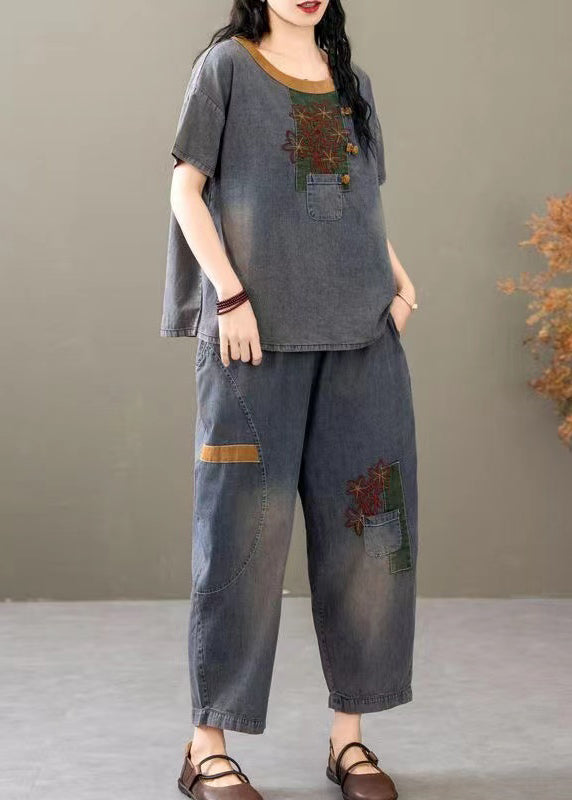 Blue Elastic Waist Denim Two Pieces Set O Neck Short Sleeve