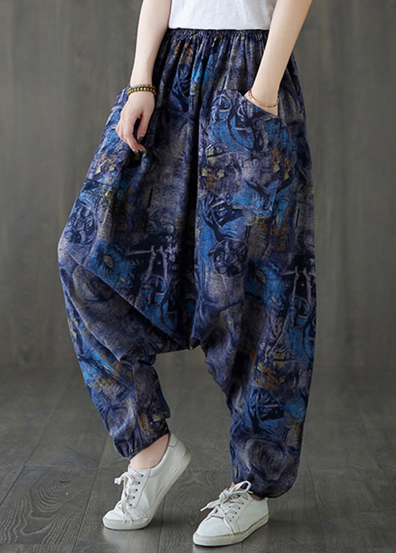 Blue Elastic Waist Loose Lantern Pants Summer