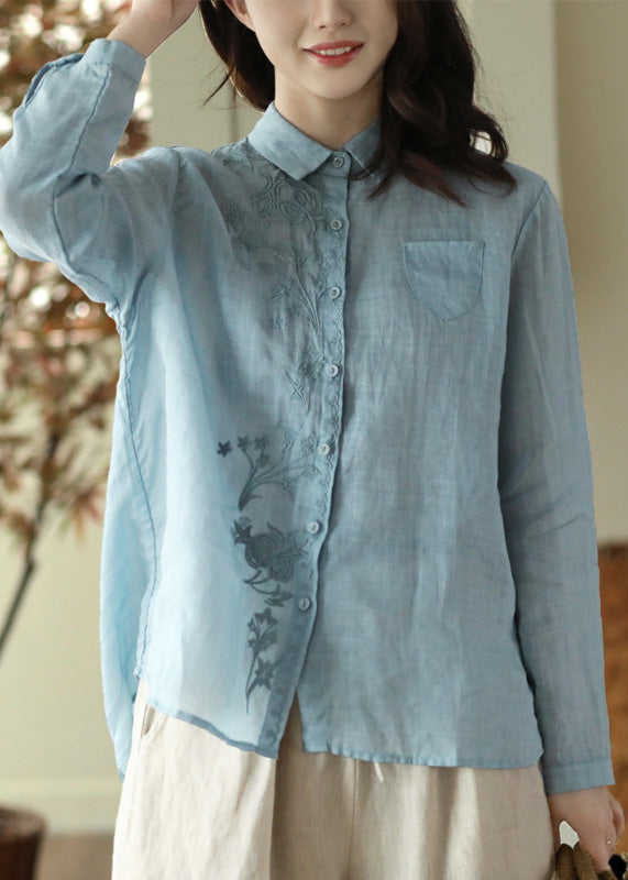 Blue Embroideried Button Ramie Shirt Long Sleeve