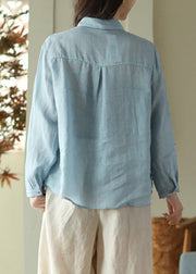 Blue Embroideried Button Ramie Shirt Long Sleeve