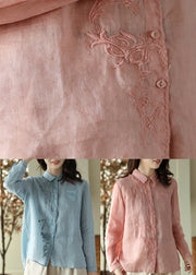 Blue Embroideried Button Ramie Shirt Long Sleeve