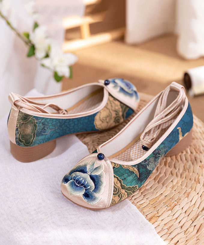 Blue Embroideried Chunky Shoes Cotton Fabric Classy Splicing