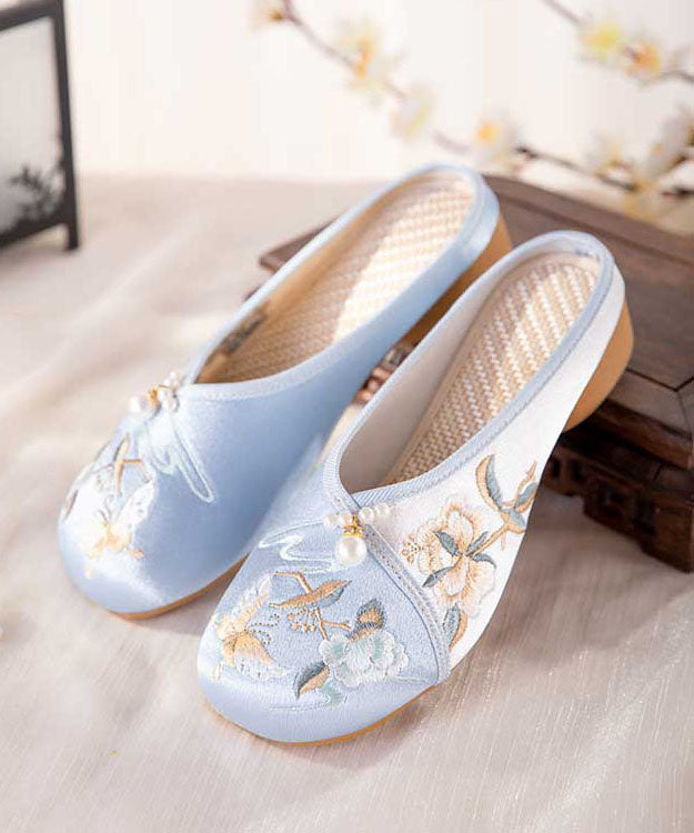 Blue Embroideried Slippers Shoes Women Splicing Cotton Fabric