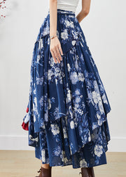 Blue Floral Cotton Skirts Asymmetrical Exra Large Hem Fall