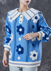 Blue Floral Jacquard Knitted Tops Oversized Pearls Spring