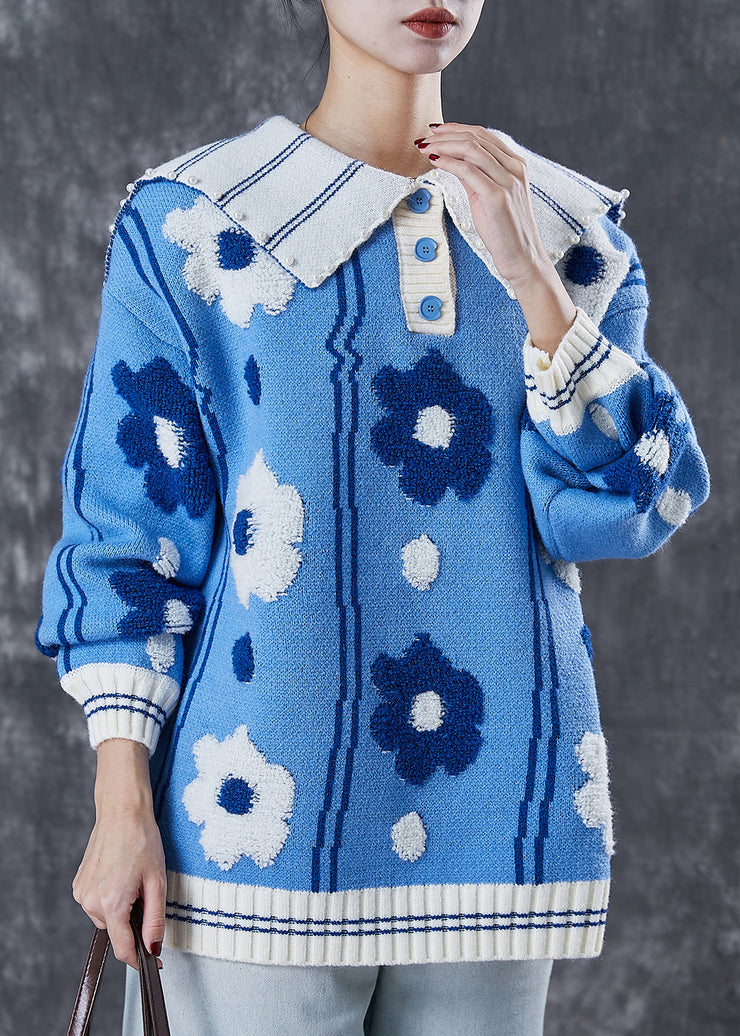 Blue Floral Jacquard Knitted Tops Oversized Pearls Spring