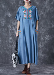 Blue Grey Linen Dress Embroideried Pockets Summer