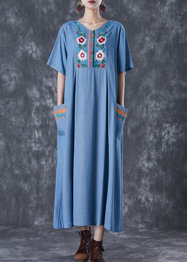 Blue Grey Linen Dress Embroideried Pockets Summer