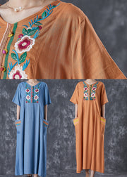 Blue Grey Linen Dress Embroideried Pockets Summer