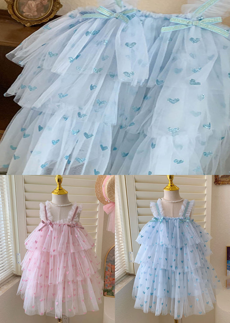 Blue Heart Patchwork Tulle Baby Girls Dresses Bow Wrinkled Sleeveless